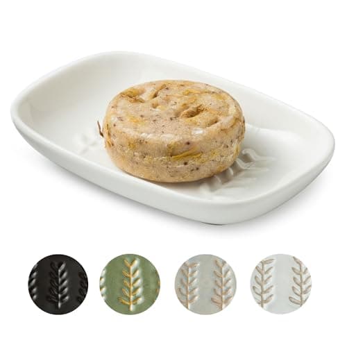 Miamolo Soap Dish Soap Holder Shower, Ceramic Soap Dishes for Bar Soap Sponge, Shower Soap Dish Soap Saver Tray for Bathroom Kitchen Sink, Easy to Clean, White