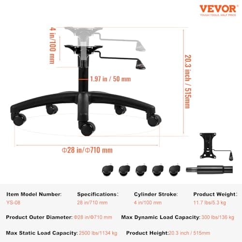 VEVOR Office Chair Base Replacement, 28", 2500 lbs Static Load, Heavy Duty Universal Computer Desk Chair Stool Part With 5 Casters, Gas Cylinder & Seat Plate, Black 8
