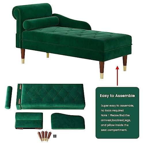 Vesgantti 59" Velvet Chaise Lounge Indoor,Upholstered Furniture Lounge Chair with Left Armrest & Lumbar Pillow, Button Tufted Lounge Sofa for Living Room Bedroom Office,Tool-Free Assembly(Green) 7