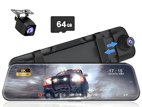 Udatuhao 10" Mirror Dash Cam, 4K FHD Rear View Mirror Camera with Smart Touch Screen, Dual Dash Camera for Cars, Loop Recording, G-Sensor, Reverse Assist,Parking Monitor,Night Vision,Free 64GB Card