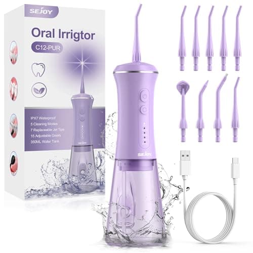 Sejoy Water Flosser for Teeth Cleaning and Flossing, Tooth Flosser Electric Cordless Portable Water Dental Flosser, 350ML 5 Modes 9 Jet Tips, for Daily Oral Care, Purple