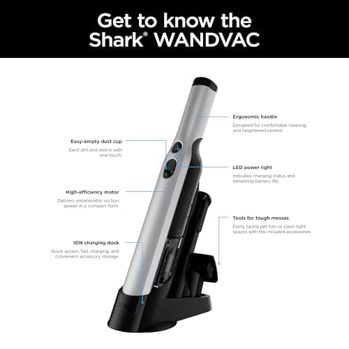 Shark WANDVAC Cordless Hand Vac, Lightweight, Versatile and Portable at 1.4 lbs., Powerful Suction, Charging Dock, One-Touch Empty, NEW Furfins Tool & Crevice Tool for Pet & Home, Gray, WV201WH 13