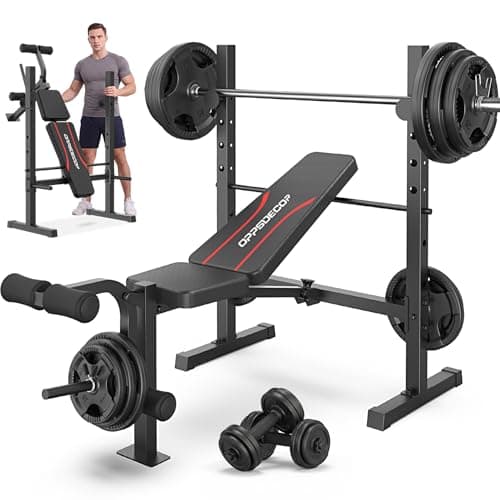 OPPSDECOR Standard Adjustable Weight Bench Set, Bench Press with Squat Rack & Leg Extension and Leg Curl Workout Bench for Home Gym Full Body Workout Folding Strength Training Adjustable Benches (Deep Black)