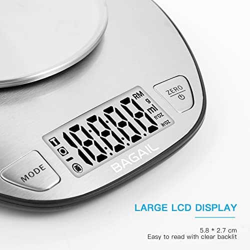 BAGAIL BASICS Digital Kitchen Scale, Large Clear Display, Wet and Dry Food Scale with Stainless Steel Mixing Bowl - 11 lb 6