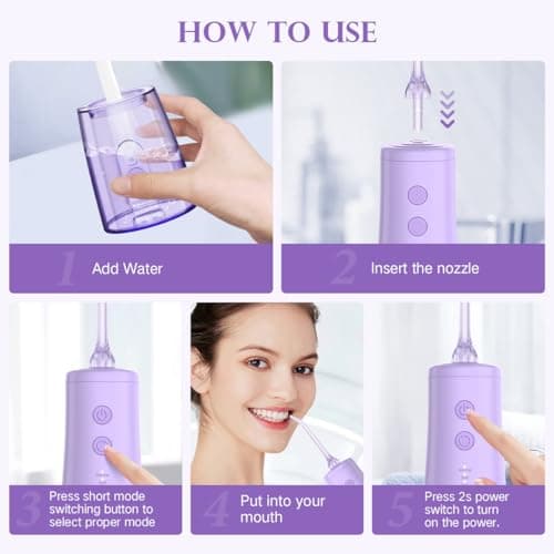 350mL/12oz Water Flosser with 3 Modes 6 Jet Tips,Dental Oral Irrigator USB Rechargeable Cordless Water Dental Picks for Teeth Cleaning,IPX7 Waterproof,for Home and Travel for Oral Care(Purple) 8