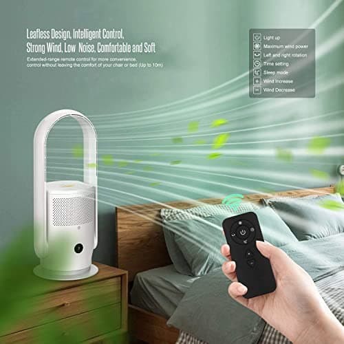 ULTTY Bladeless Tower Fan with Air Purifier, 90° Oscillating Bladeless Fan with Remote, Touch, 8H Timer, Floor Fans for Bedroom Whole Room Home Office R021, White 5
