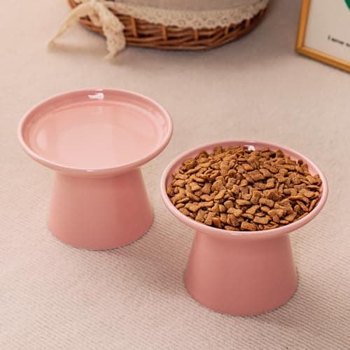 KITCHENLESTAR 6.2 Inch Extra Wide Elevated Ceramic Cat Bowls, Food and Water Bowl Set for Elder Big Cats Small Dogs, Raised Design for Pet Easy Eating, Protect Cat's Spine Set of 2(Pink) 6