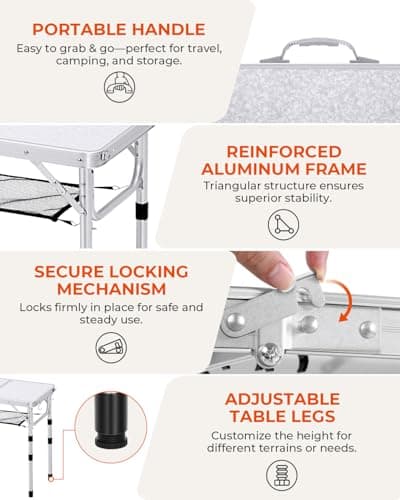 Sportneer Camping Table: Adjustable Height Small Folding Table 23.6" L x 15.7" W 4 Height with Mesh Layer - Compact & Portable Camping Essentials for Outdoor Camp Garden Picnic BBQ Dining Cooking 5