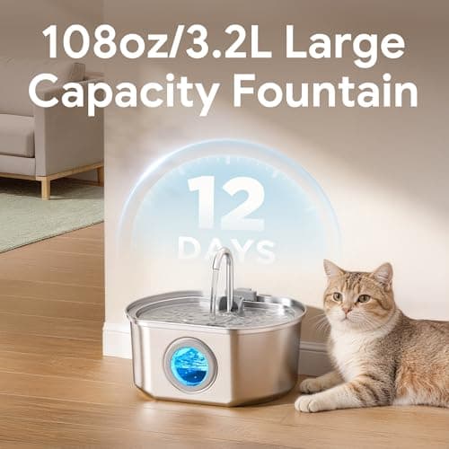 Cat Water Fountain Stainless Steel: 108oz/3.2L Cat Fountain for Drinking - Pet Water Fountain Inside - Automatic Dog Watering Dispenser Bowl - Pet Feeding & Watering Supplies - Water Level Window 5