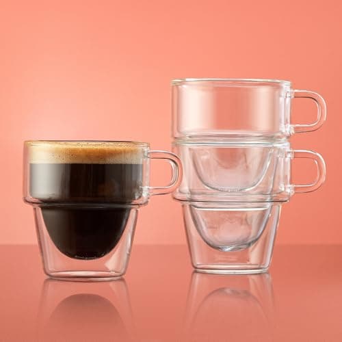 JoyJolt Stoiva Double Wall Insulated Espresso Glass Cups – 5 oz. (150 ml) Shot Cup with Handle – Stackable Thermal Clear Glass Cups, Fit for Espresso Machine and Coffee Maker – Set of 4 6