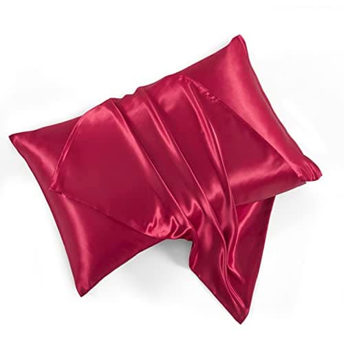 HommxJF Satin Pillowcases with Zipper （20x26）,Standard Size Pillowcases Set of 2, Wine Red Silk Pillowcase for Hair and Skin