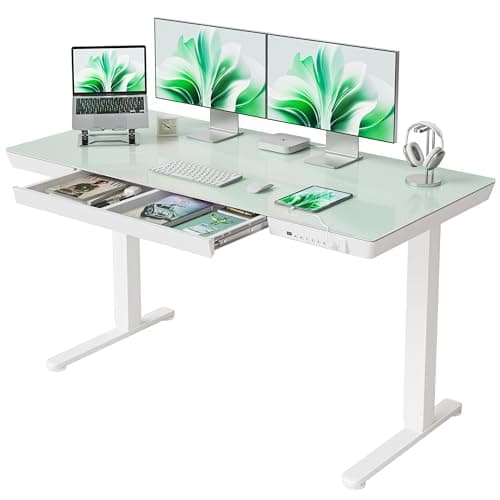 FEZIBO 55 × 24 Electric Standing Desk with Drawers, Whole-Piece Glass Adjustable Height Desk, One-Piece Quick Install Adjustable Sit Stand Desk, White