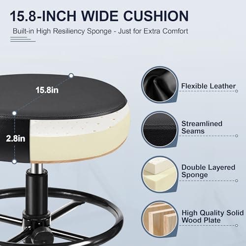 Brick Attic Drafting Chair with Backrest – Adjustable Foot Rest Rolling Stool with Wheels, PU Leather Swivel Stool for Office Spa Studio Lab Counter Salon Home Work Bar Kitchen Shop(Black) 5