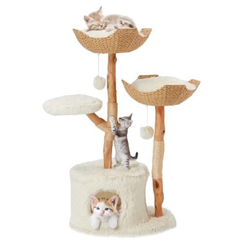 Wooden Modern Cat Tree, Cute Tree with Scratching Post, Modern Condos with Jumping Platforms and 2 Cat Beds, Luxury Cat Tree House, Cat Tower for Indoor Cats - Velvet White