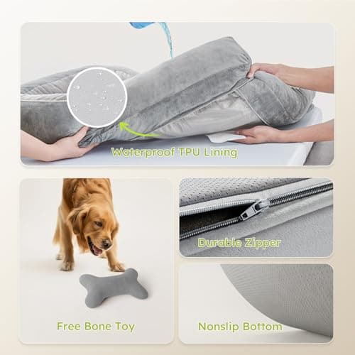 CWAWZ Extra Large Dog Bed, Orthopedic Dog Bed with Cooling Gel Memory Foam, Waterproof XL Pet Bed with Removable Washable Cover, 42" Pet Sofa Couch Dutch Velvet with Bone Toy, Light Gray 6