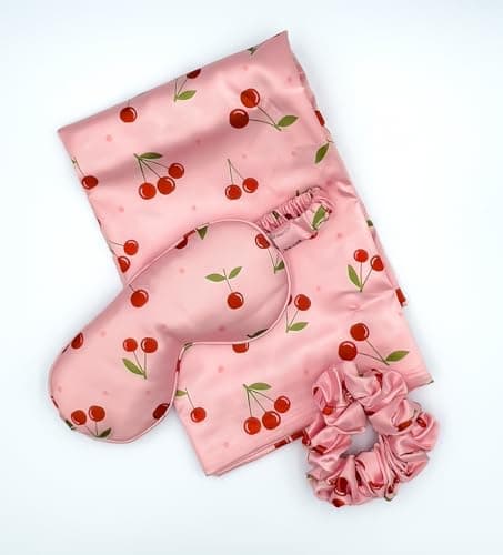 Glampton Slumber Satin Beauty Sleep Set, Cherry, 3-Piece Set with Pillowcase, Eye Mask, and Scrunchie 4