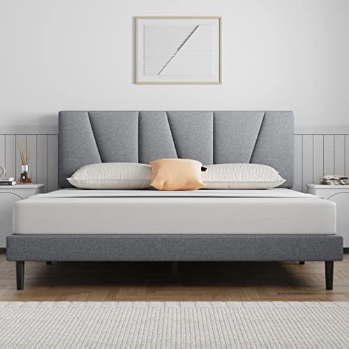 Molblly Queen Bed Frame Upholstered Platform with Headboard and Strong Wooden Slats, Strong Weight Capacity, Non-Slip and Noiseless,No Box Spring Needed, Easy Assembly,Light Grey
