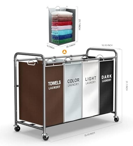 ROMOON Laundry Hamper Sorter Cart: 4-Section Organizer with Heavy-Duty Lockable Wheels and Removable Bags | 172L Rolling Laundry Basket for Dirty Clothes in Laundry Room or Small Spaces (Multicolor) 6