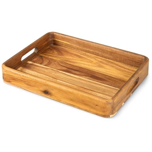 Acacia Wooden Serving Trays with Handles for Eating, Appetizers, Food, Snacks, or Home Decor, Large Wood Bed Tray or TV Tray, Decorative Ottoman or Coffee Table Accessory, 16x12 inch, Set of 1