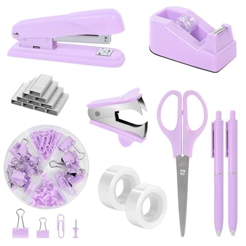SKYDUE Purple Desk Accessories, Purple Office Supplies Set, Stapler, Tape Dispenser, Scissors, Binder/Paper Clips and 1000pcs Staples,Office Supplies for Women