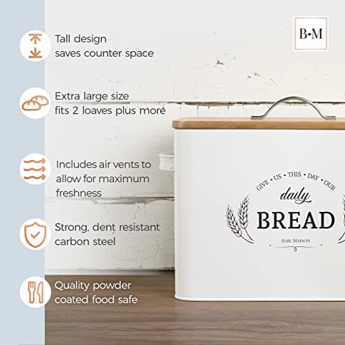 Baie Maison Extra Large White Farmhouse Bread Box for Kitchen Countertop - Breadbox Holder Fits 2+ Loaves - Bread Storage Container Bin - Rustic Bread Keeper Vintage Metal Kitchen Decor for Counter 4