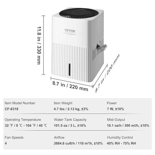 VEVOR Evaporative Humidifiers Mist-Free 3L, 300 ml/h Cool Moisture Humidifier and Air Purifier for Whole House up to 473.6 sqft, 4-Speeds & 1-12h Timer Settings, Premium Filter for Bedroom, Home 7