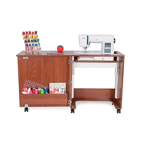 Arrow Sewing Classic Furniture “Judy” Sewing Cabinet: Portable, Folding, Compact, Locking Wheels, with Storage Bin and Hydraulic Machine Lift-Teak