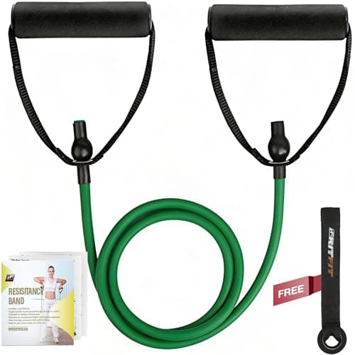 RitFit Single Resistance Exercise Band with Comfortable Handles - Ideal for Physical Therapy, Strength Training, Muscle Toning - Foam Padding Door Anchor and Starter Guide Included (Green(5-10lbs))