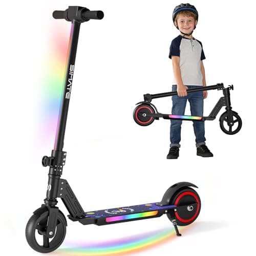 SIMATE Electric Scooter for Kids, Motorized E-Scooters with Colorful Front Light and Pedal Lights, LED Display & Foldable, Dual Braking System, Top 8.7mph & 5 Miles, Gifts for Kids, Girls, Boys, Teens