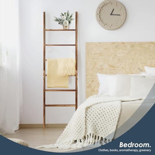 6-Tier Blanket Ladder Wooden, 5.7FT(66.5'') Blanket Quilt Towel Holder Rack Decorative Ladder, Easy Assembly, Rustic Farmhouse Ladder Shelf for The Living Room Bedroom Bathroom Home Decor, Brown 7