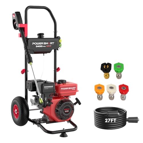 PowerSmart Gas Pressure Washer 3400 PSI, 2.5 GPM,3L Soap Tank, Metal Spray Wand, 5 Nozzles for House, Driveways