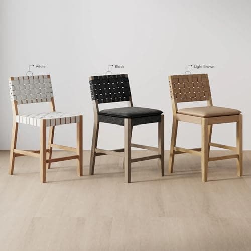 Nathan James Cohen Mid-Century Modern Leather Bar Stool, Counter Height Chair in Solid Wood Frame with Footrest and Woven Leather Back for Kitchen, Natural Brown, 1 count, Barstool - 24" 10