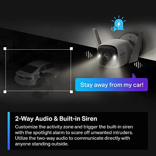 Tapo ColorPro Wi-Fi Outdoor Camera | Plug-in | Daylight Clarity at Night | 2K QHD | Person/Pet/Vehicle Detection | Local/Cloud Storage | 127° FOV | Built-in Siren C325WB 9