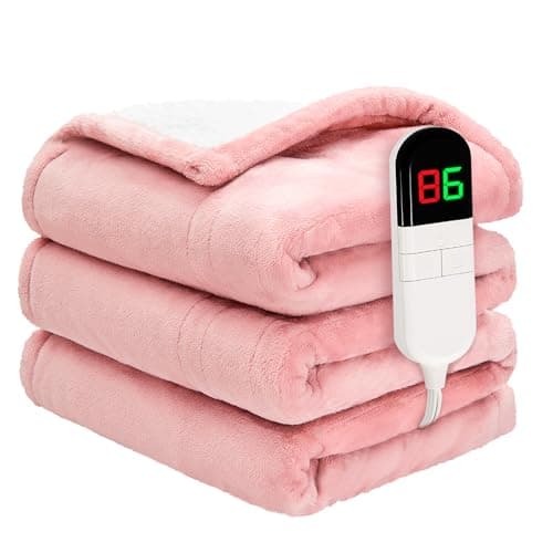 PTQ Heated Throw Blanket 50"×60" - Premium Cosy Soft Electric Blanket with 6 Heating Levels,Fast Heating Flannel Sherpa Blanket for Bed & Couch - Auto Shut Off/Machine Washable Blanket (Pink)