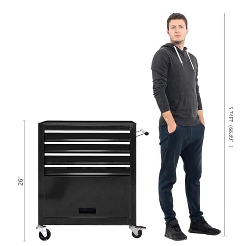BouPower Rolling Tool Chest, 4-Drawer Rolling Tool Box with Interlock System and Wheels for Garage, Warehouse, Workshop, Repair Shop Black 5