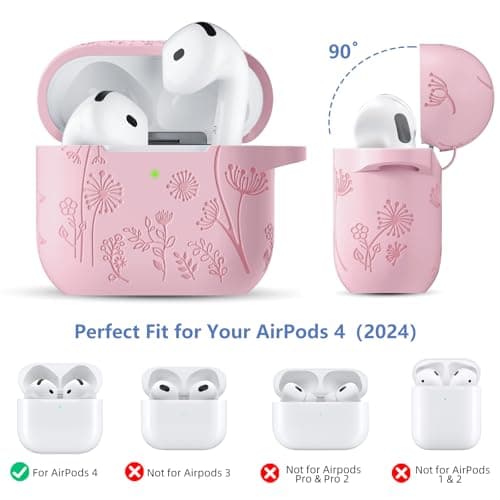 Lerobo for Airpods 4 Case Cover with Cleaner Kit, Cute Flower Engraved Silicone Protective Case Cover with Keychain Compatible with Apple Airpods 4 Case 2024 for Women and Girls, Pink 7