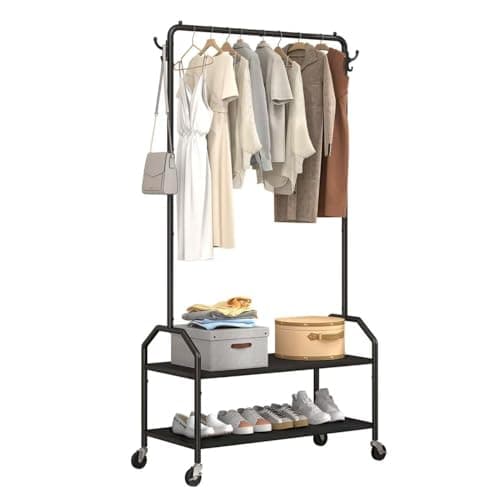 Wiracks Clothes Rack for Hanging Clothes with Bottom Shelves Heightened Rolling Clothing Rack 2" Industrial Wheels 35" W x 16" D X 75" H 600D Oxford Clothes Welded Integrated Reinforced Widened Base
