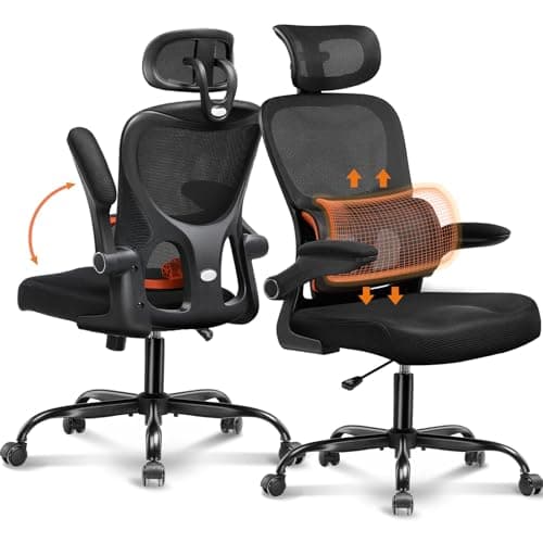 COMHOMA Ergonomic Office Desk Chair with 3D Adjustable Lumbar Support & Headrest, High Back Executive Computer Chair Comfy for Back Pain Relief, Flip-up Armrests (Ergo-Black)