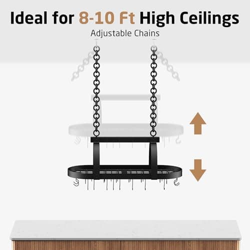 KES 48 Inch Large Hanging Pot Rack, Heavy Duty Oval Pot and Pan Hanging Rack Ceiling Mount, Pot Pan Hangers for Kitchen with 20 Hooks, Matte Black, (For 16" and 24" Joist Mount), KUR225S122-BK 8