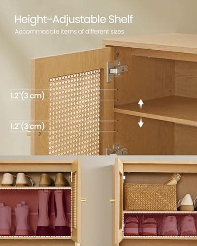 VASAGLE Natural Rattan 3-Tier Shoe Cabinet, 16 Pair Shoe Storage Cabinet, Boho Style Shoe Organizer with Height-Adjustable Shelves and Steel Legs, for Entryway, Closet, Hallway, Oak Beige ULBC049N01 5