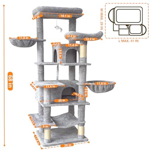 68 Inches Multi-Level Large and Tall Cat Tree Tower for Indoor Cats/Removable Pad/Cat Condo/Sisal Scratching Posts/Hammock/Cat Activity Center/Wide Base 6
