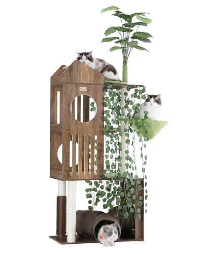 FourFurPets Large Cat Tree with Leaves, 72.8-Inch Cat Tower for Indoor Cats, Modern Cat Tree with Scratching Post, Large Perch, Tunnels, Swing Ball, Self Groomer, Greige