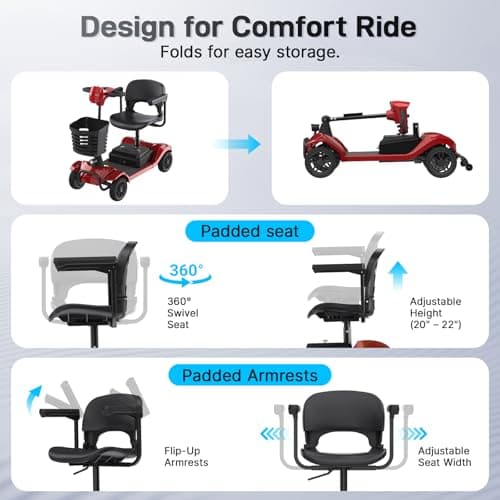 Hoverfly T4 Mobility Scooter for Seniors, Max 12.4-Mile Range & 3.7 mph, 3-Position Seat & Anti-slip Rear Wheel, Removed Battery&Quick Fold Design, Solid 9" Tire &330 lb Capacity, Ease of Assembly Red 5