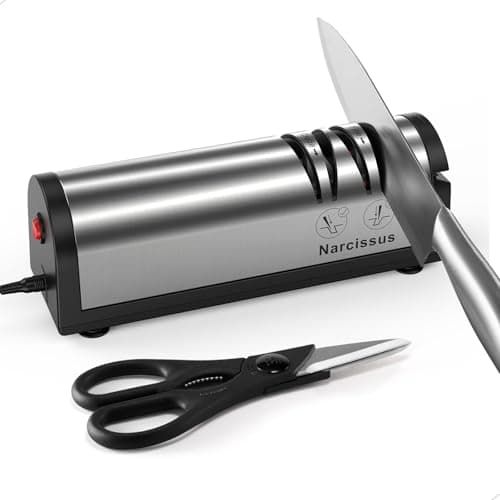 Narcissus Knife Sharpener, Professional 2 Stage Electric Knife Sharpener for Quick Sharpening & Polishing, with Scissors Sharpener and Metal Dust Collection Box, Stainless Steel, Silver