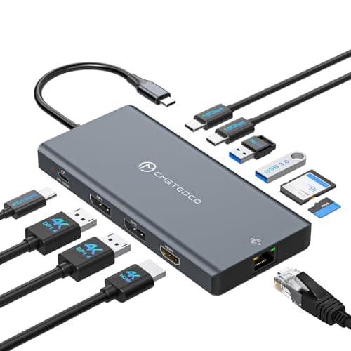 Laptop Docking Station 3 Monitor, 4K@120Hz Dual DisplayPort, 4K@60Hz HDMI, 12-in-1 USB C Hub, 10Gbps USBC 3.2, USB 3.0, PD100W, Ethernet SD/T, Triple Monitor Dock Multiport Adapter for Windows