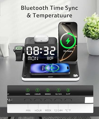 acer 7-in-1 Wireless Charging Station: Charger Stand for Multiple Devices for Apple - iPhone 16 15 14 13 12 Pro Max Apple Watch Airpods, Wireless Charger iPhone Charging Station with Bluetooth TimeSyn 5