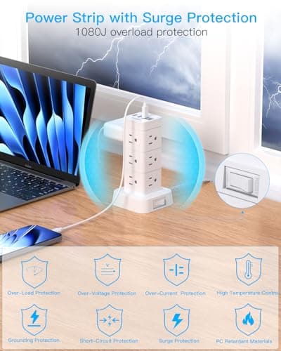 Surge Protector Power Strip Tower, 12 Outlets 4 USB (2 USB C) Desktop Charging Station for Multiple Devices, 6Ft Flat Plug Extension Cord with Multiple Outlets, Home Office College Dorm Essentials 5
