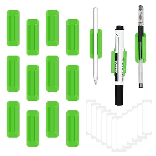 12 Pack Pen Holder for Desk, Silicone Pencil Holder with 12 Extra Adhesive Stickers, Adhesive Pen Holder & Marker Clip for Classroom Office Desk or Any Surface, Teacher Accessories Supplies (Green)