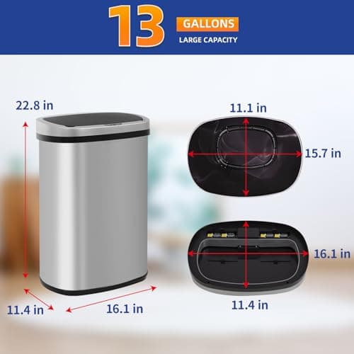 BestOffice | 13 Gallon Trash Can with Lid | Automatic Touchless Garbage Can | Odor Control | Modern Oval Design | Easy to Clean | Stainless Steel | Fits Any Kitchen, Bathroom, Office or Home 7