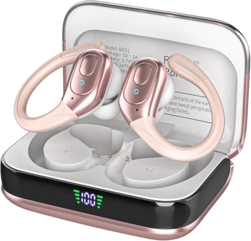sajawass Wireless Earbuds Bluetooth 5.4 Headphones, IPX7 Waterproof Earphones, Over-Ear Earphones, Noise Canceling Ear Buds with 75hr Playtime, LED Power Display for Sports/Workouts - Rose Gold